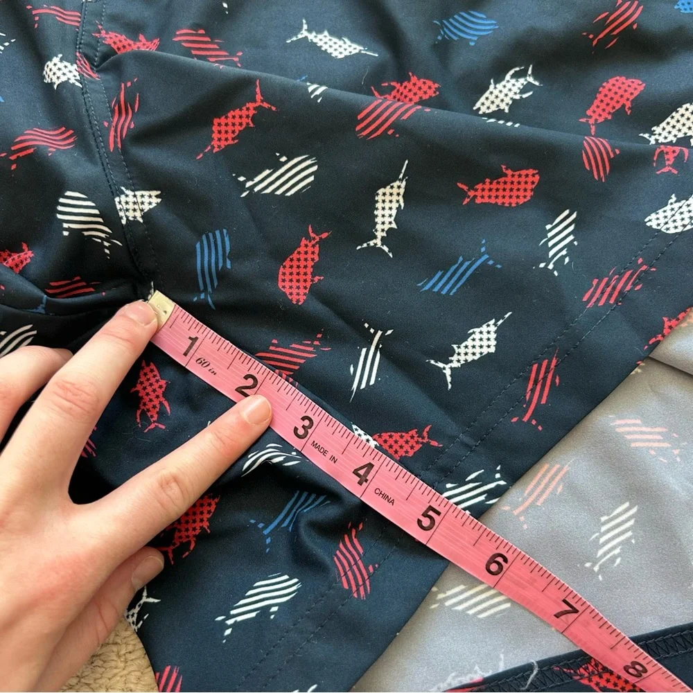 Columbia Navy Blue Red White Fish Print Swim Trunks